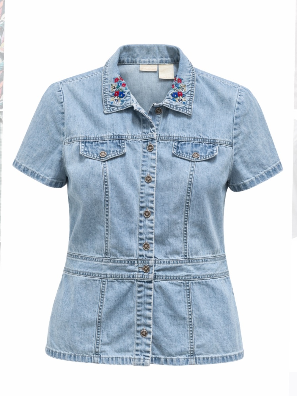 Vtg 90s Bobbie Brooks Western Denim Medium Top Floral Embroidered Button Up